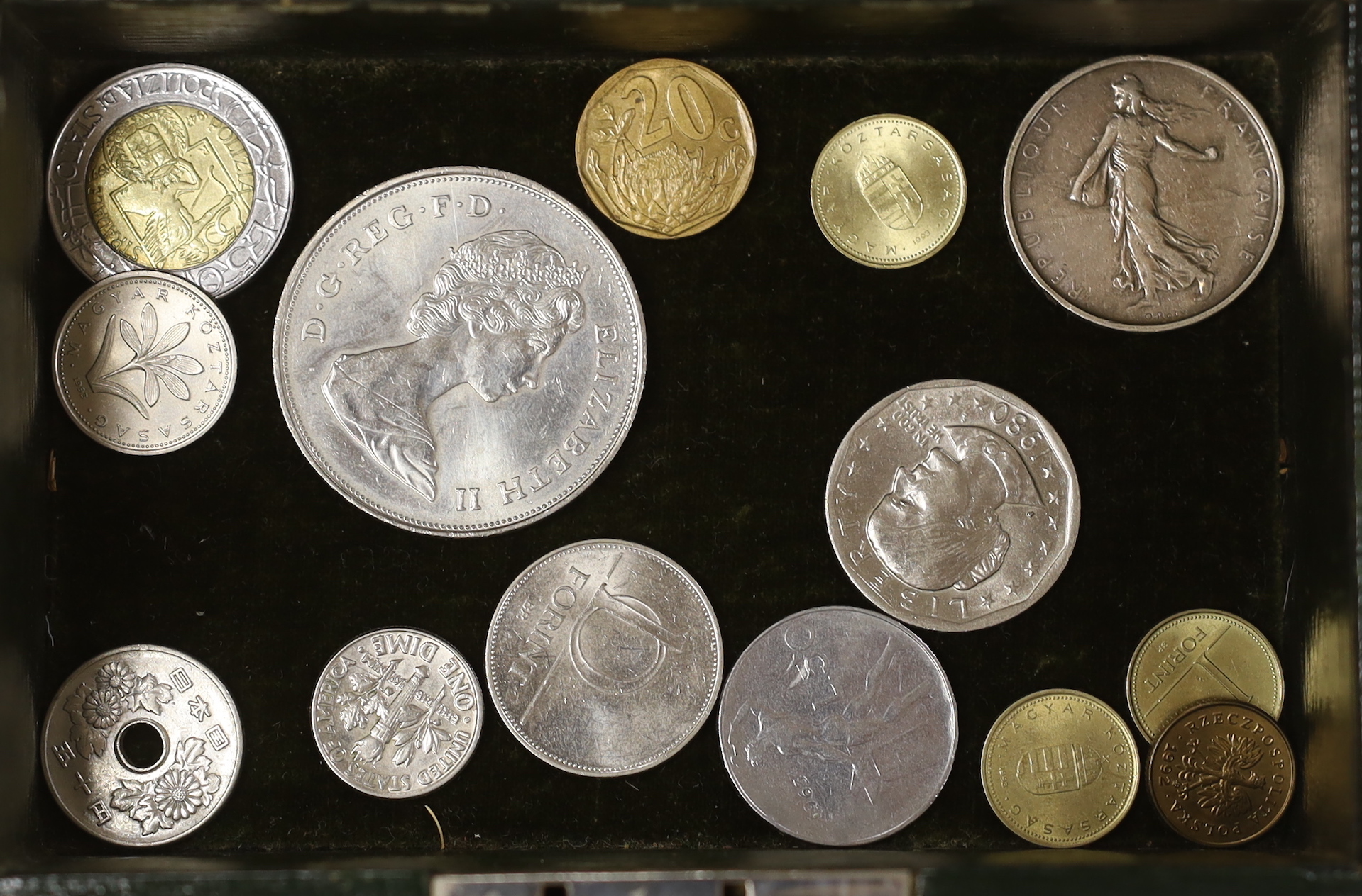 A group of mixed medallions and coins and a silver sovereign case